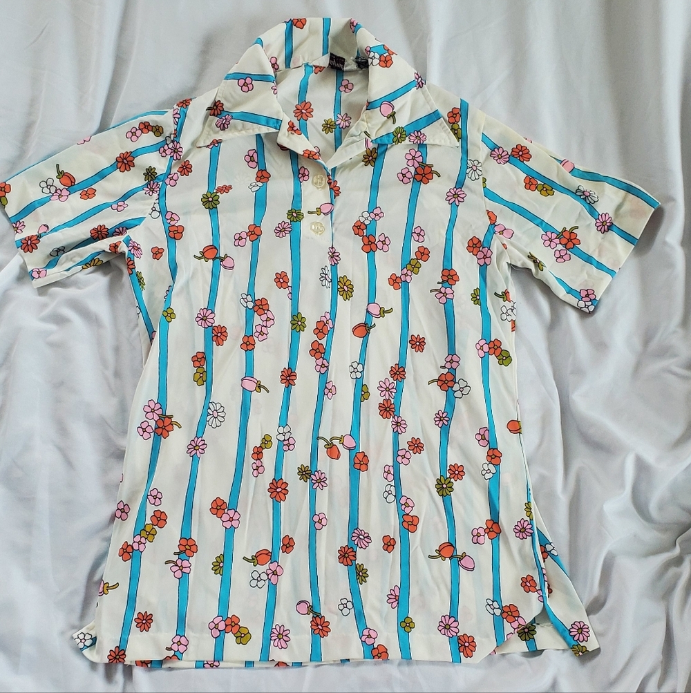 Haymaker Vtg 1970's Floral Stripes Print Tunic Shirt, Sz 36, Made in USA